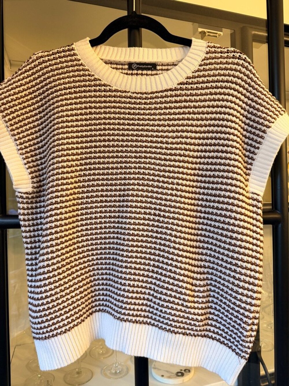 PrettyGarden Brown White Striped Cotton Knit Sweater Vest Small (oversized)